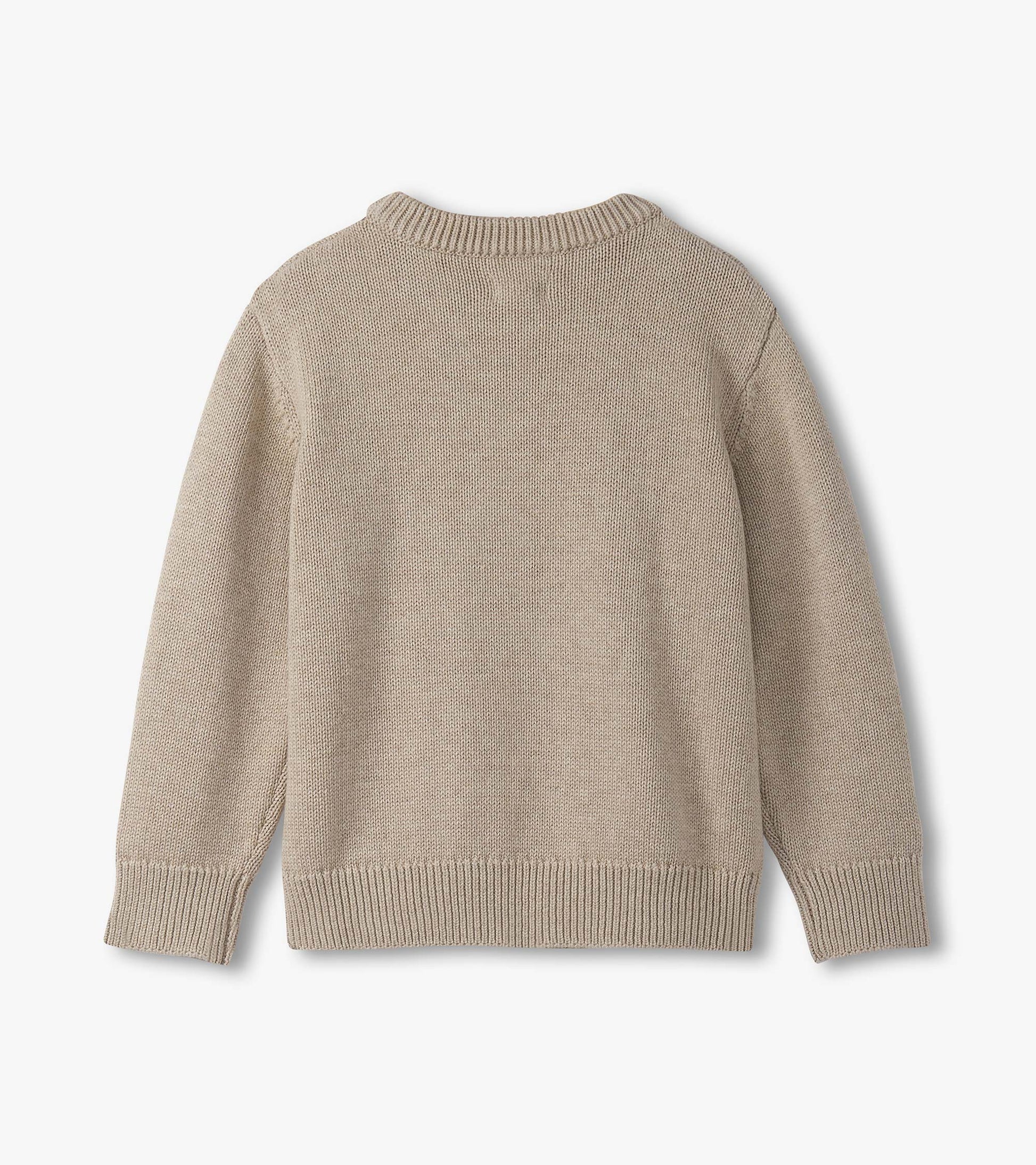 Beige crew neck sweater for boys, featuring a textured knit and ribbed cuffs and hem. Back view displayed.