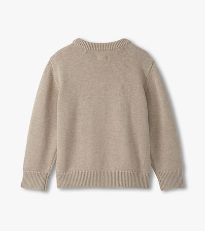 Beige crew neck sweater for boys, featuring a textured knit and ribbed cuffs and hem. Back view displayed.