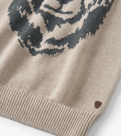 Oatmeal crew neck sweater featuring a bear design, ribbed hem, and soft knit material. Suitable for boys.