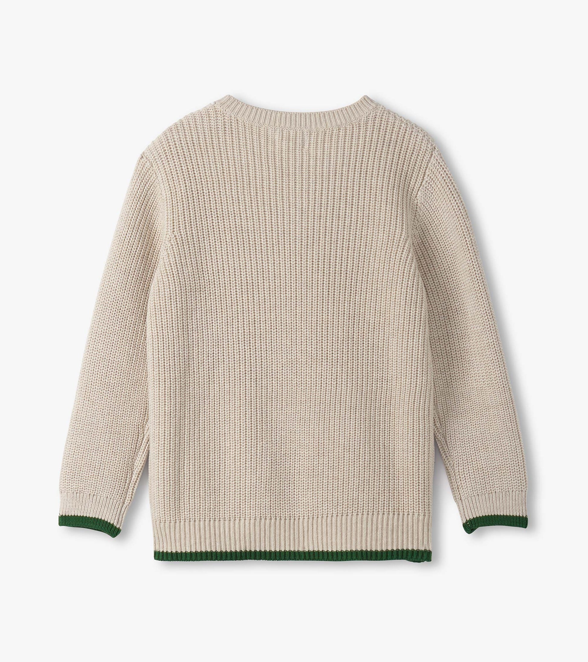 Oatmeal melange sweater with a textured knit, featuring a green trim at the cuffs and hem, shown from the back.