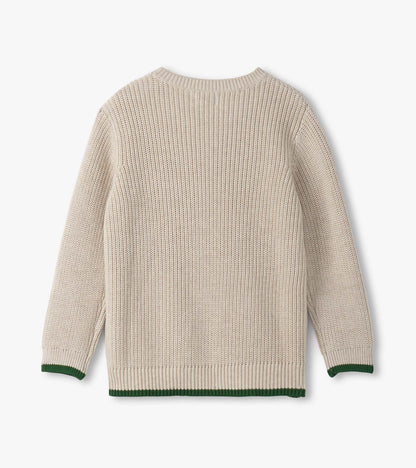 Oatmeal melange sweater with a textured knit, featuring a green trim at the cuffs and hem, shown from the back.