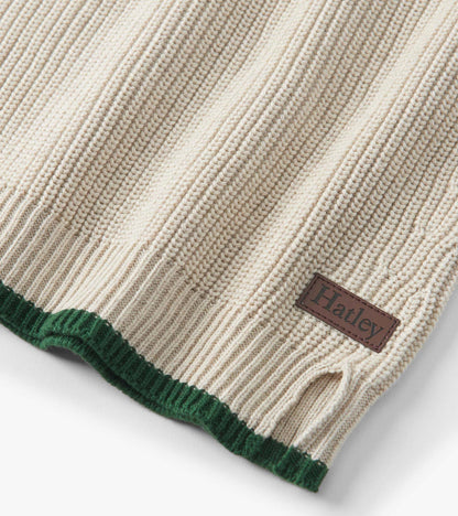 Oatmeal melange sweater with ribbed texture, green hem, and button neck detail, suitable for boys.