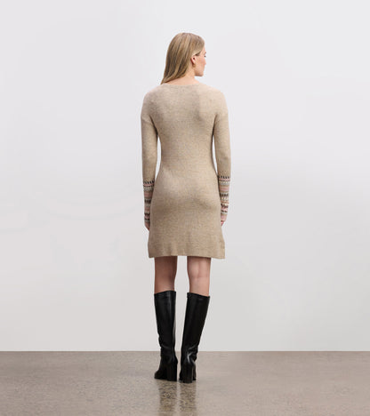 Oatmeal melange sweater dress with long sleeves and patterned cuffs, fitted silhouette, and knee-length hem.