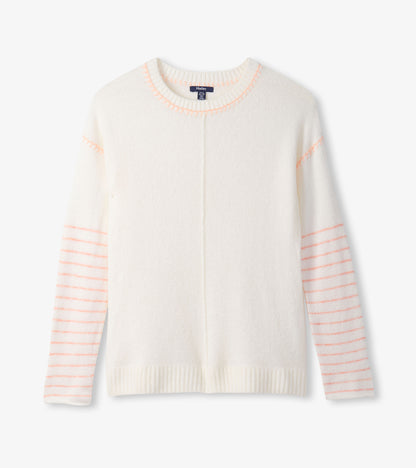 Cream sweater with long sleeves, featuring pink striped accents and a round neckline. Soft, cozy material.