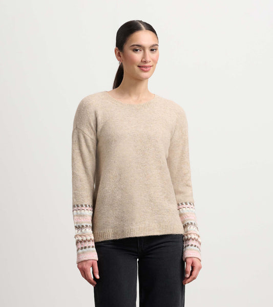 Oatmeal melange sweater with jacquard patterned cuffs, featuring a relaxed fit and long sleeves.