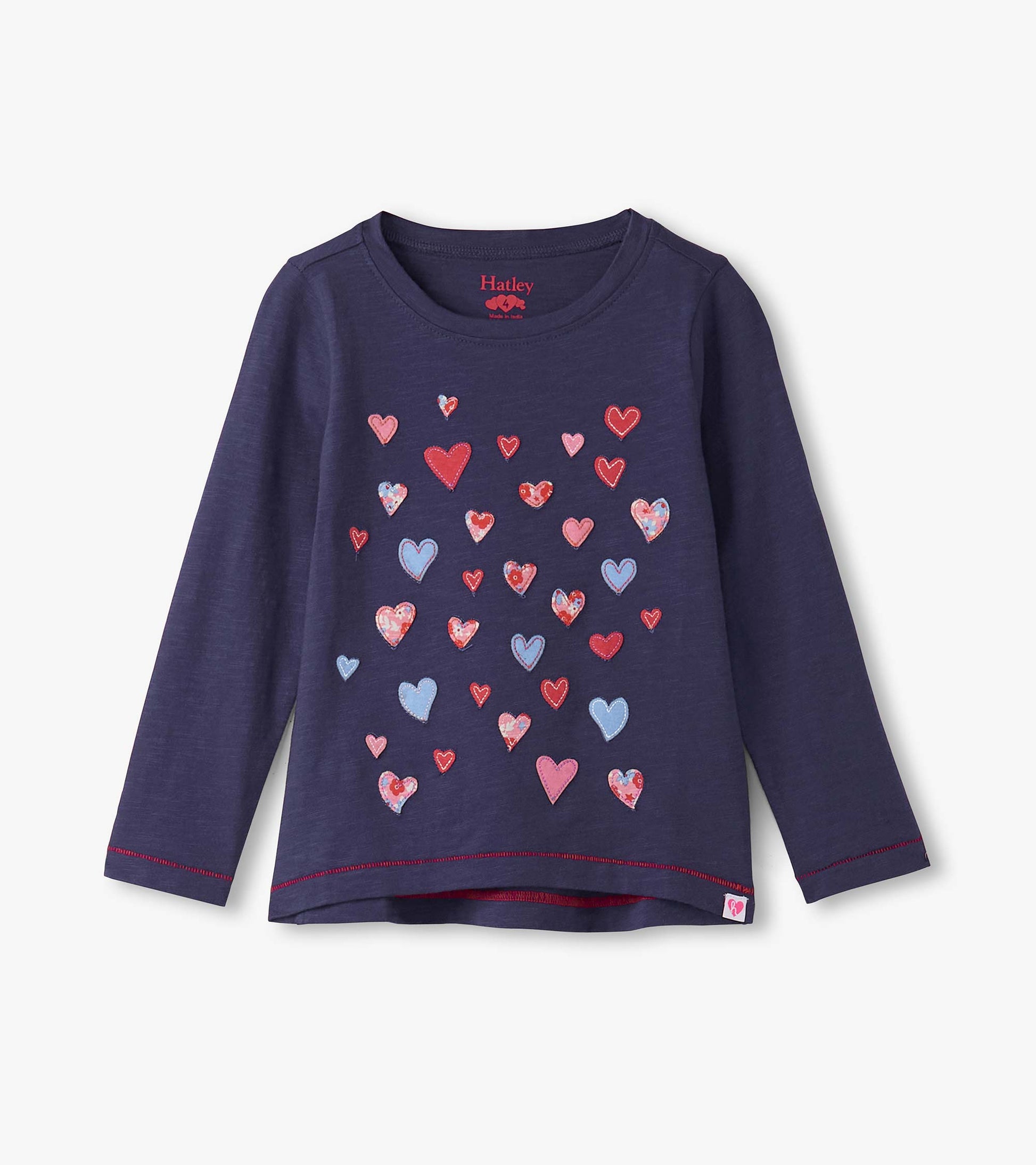 Navy long sleeve tee featuring a colorful heart graphic design on the front and a round neckline.