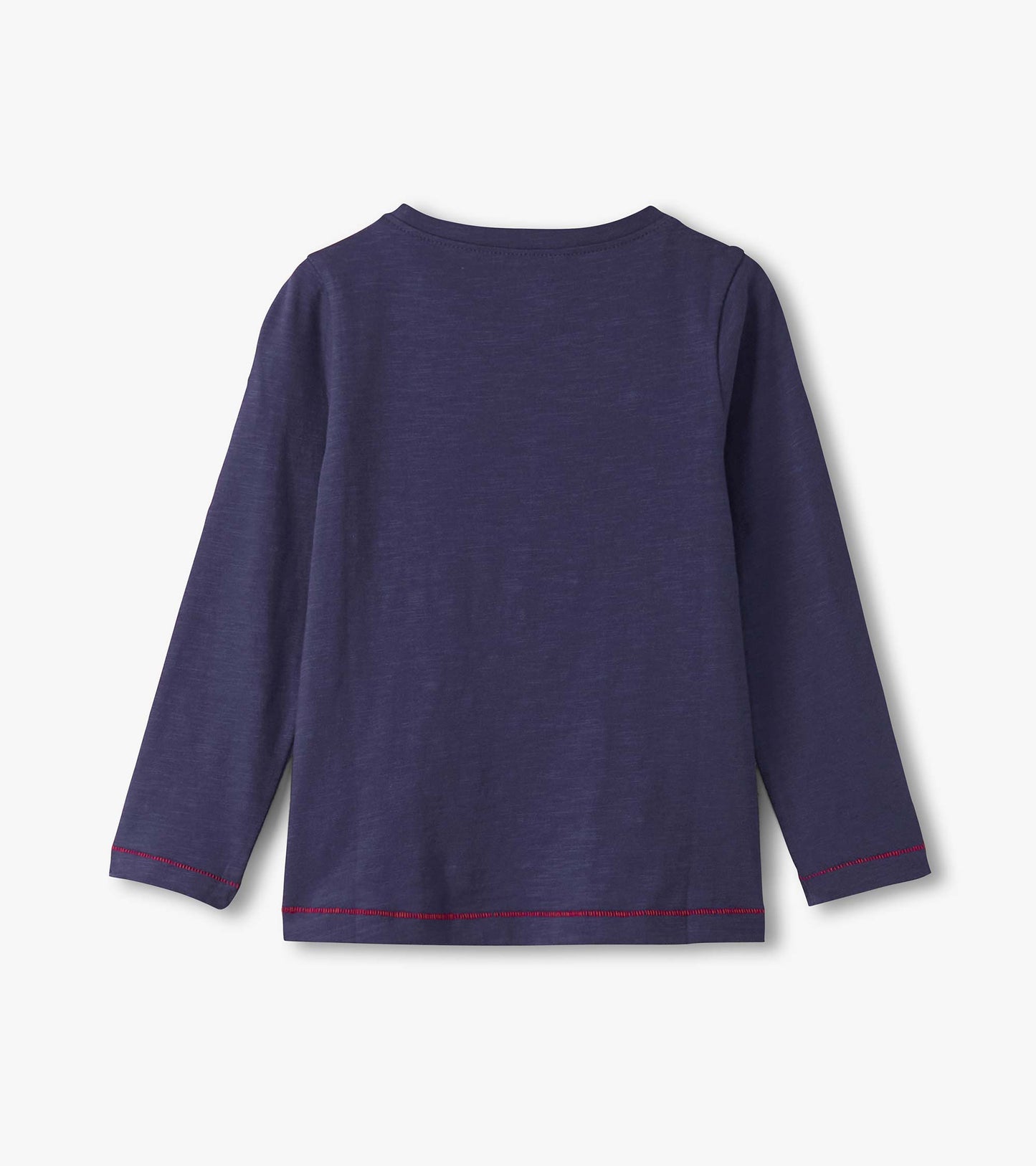 Long sleeve graphic tee in dark purple with a simple design and contrasting red stitching at the hem and cuffs.