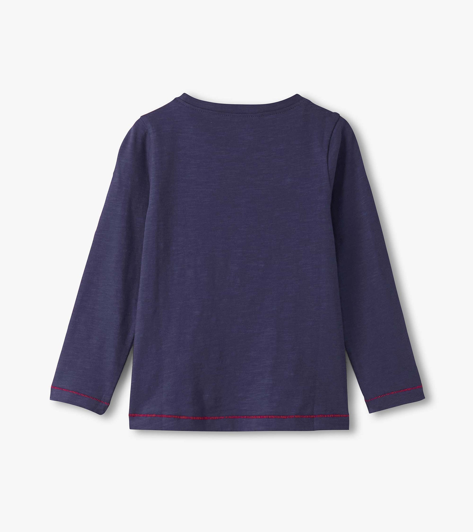 Long sleeve graphic tee in dark purple with a simple design and contrasting red stitching at the hem and cuffs.