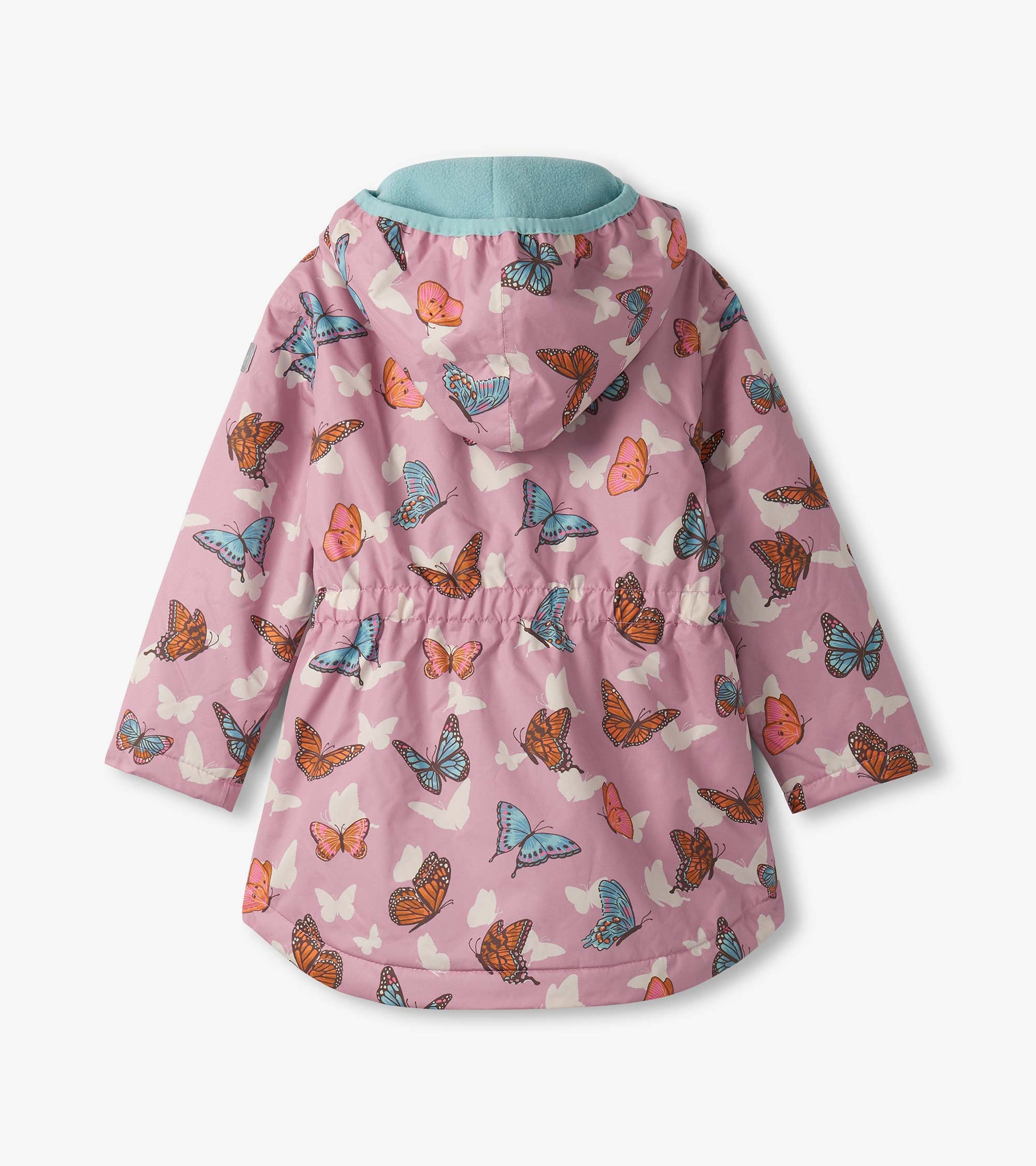 Lightweight pink rain jacket featuring colorful butterfly patterns and a hood, designed for girls.