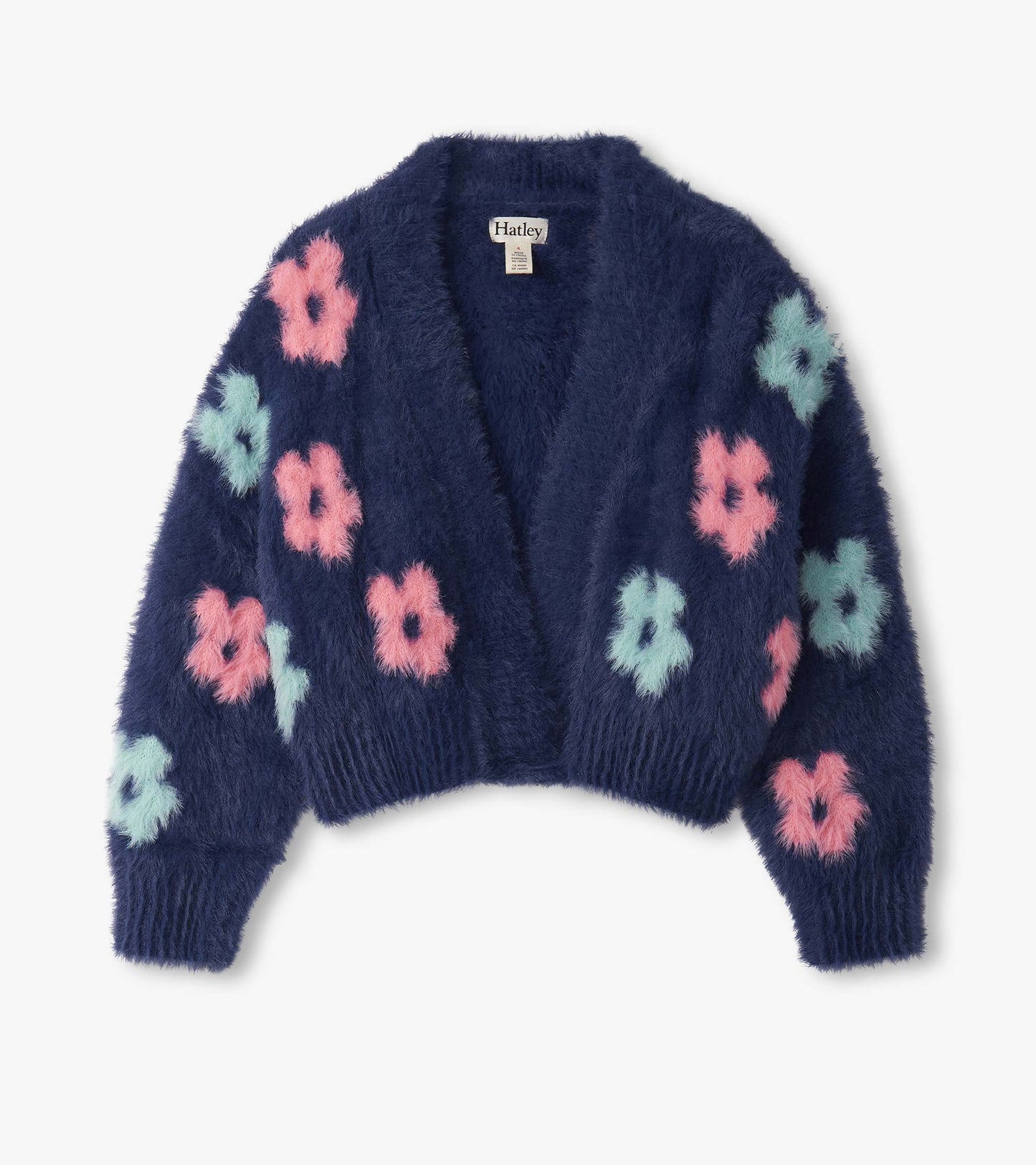 Navy open cardigan featuring fluffy pink and teal flowers, perfect for layering in cooler weather.