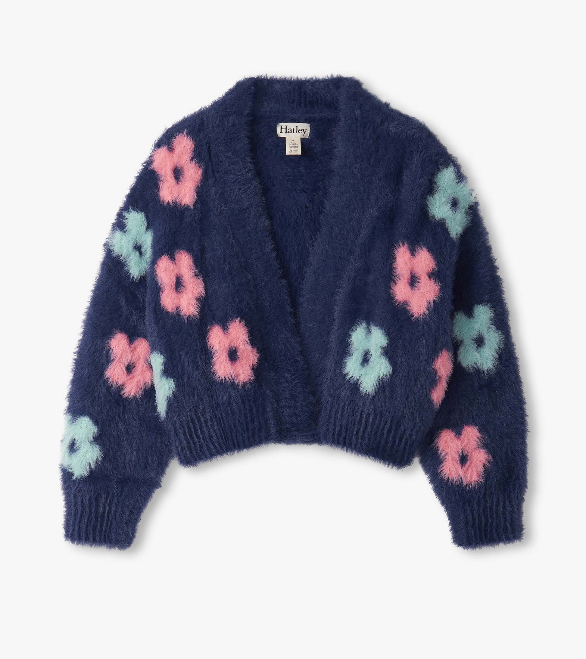 Navy open cardigan featuring fluffy pink and teal flowers, perfect for layering in cooler weather.