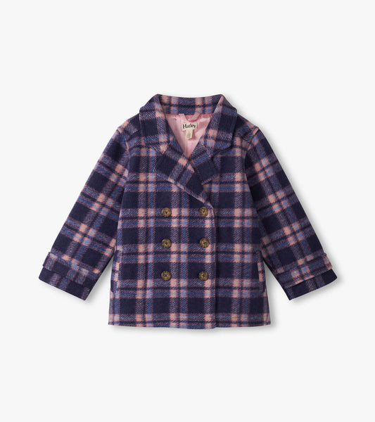 Navy and pink plaid double-breasted pea coat with a collar and button details for girls.