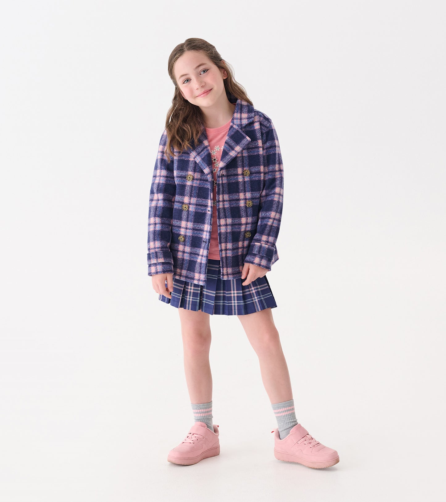 Girls Preppy Plaid Pea Coat