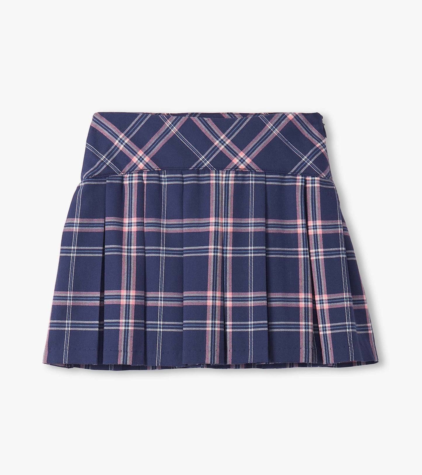 Navy plaid pleated skirt featuring pink and white accents, designed for girls, with a fitted waistband.