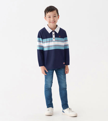Boys' long-sleeve rugby polo in navy with blue and white stripes, featuring a collared neckline and button placket.