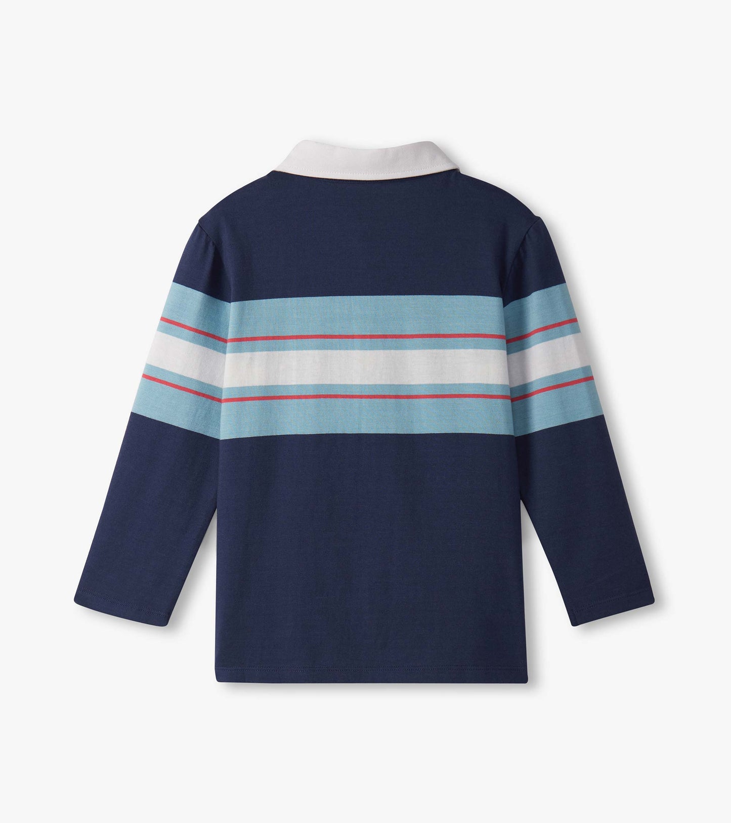 Boys' long-sleeve rugby polo in navy with blue and white stripes, featuring a white collar.