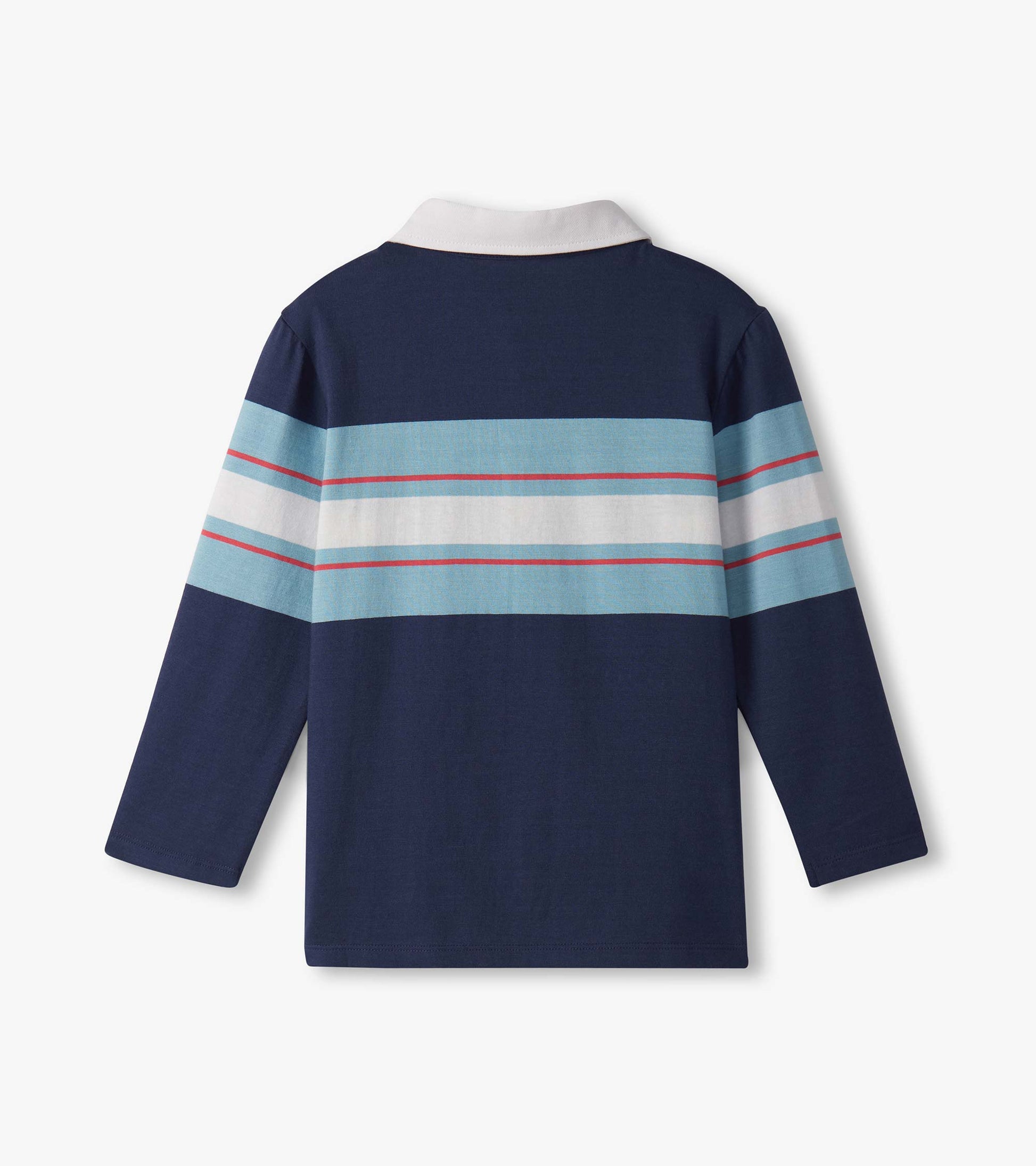 Boys' long-sleeve rugby polo in navy with blue and white stripes, featuring a white collar.