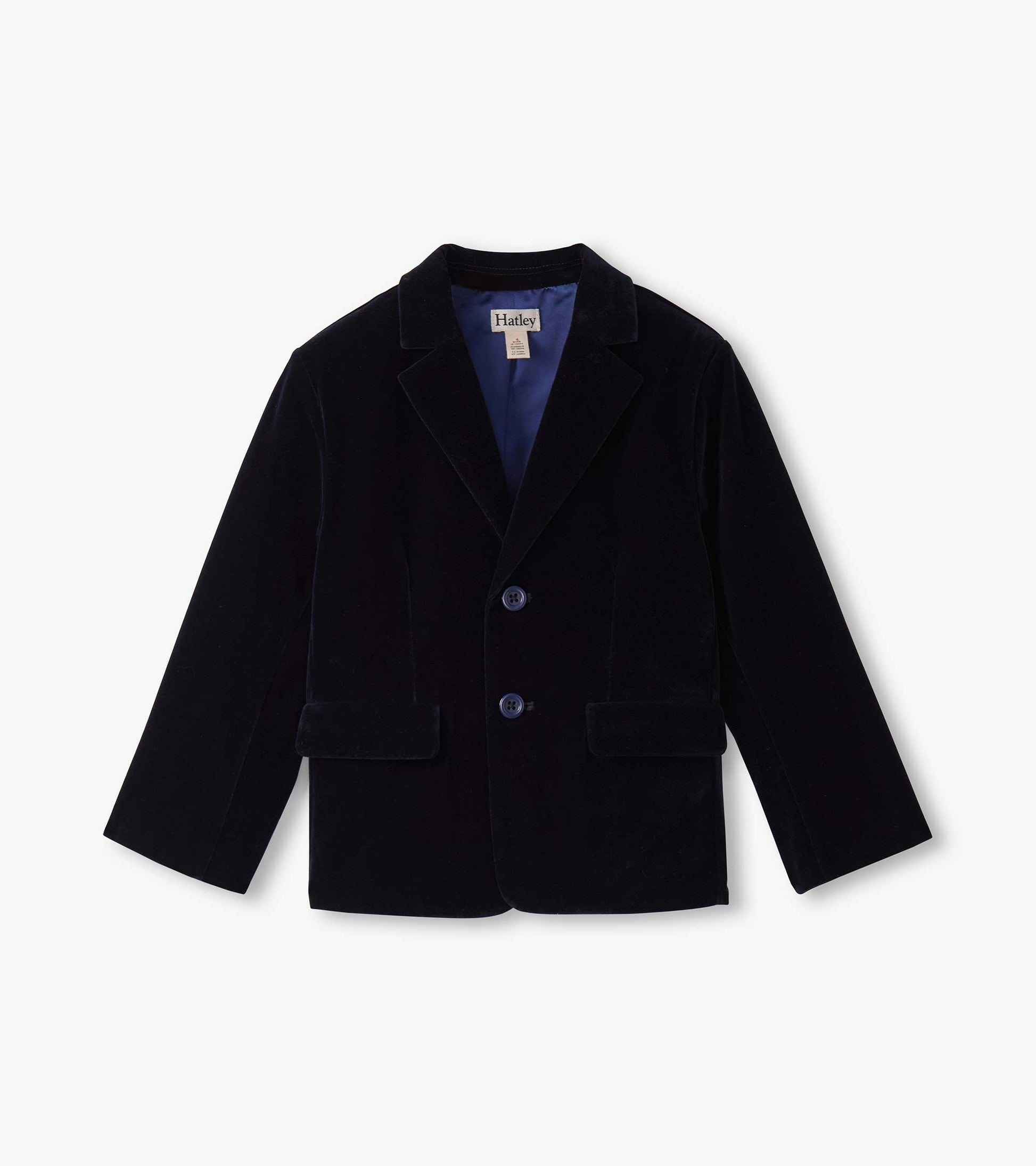Navy velveteen blazer for boys with a notched collar and two front pockets, designed for formal occasions.