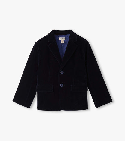 Navy velveteen blazer for boys with a notched collar and two front pockets, designed for formal occasions.