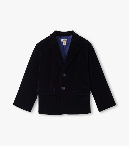 Navy velveteen blazer for boys with a notched collar and two front pockets, designed for formal occasions.