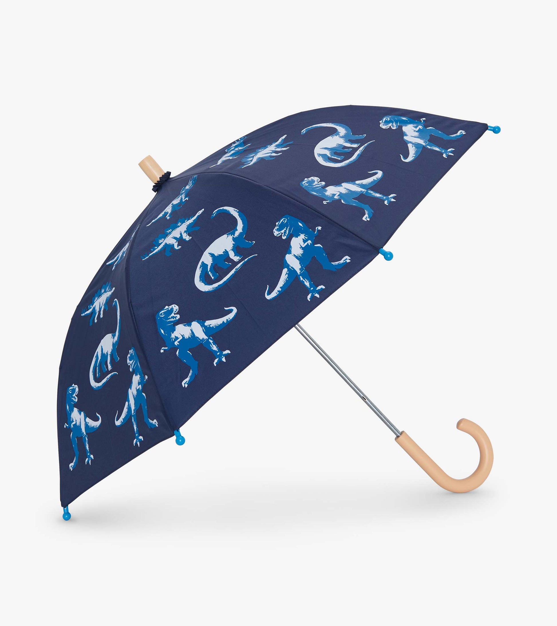 Navy umbrella featuring painted blue dinosaurs, with a curved wooden handle and metal frame.