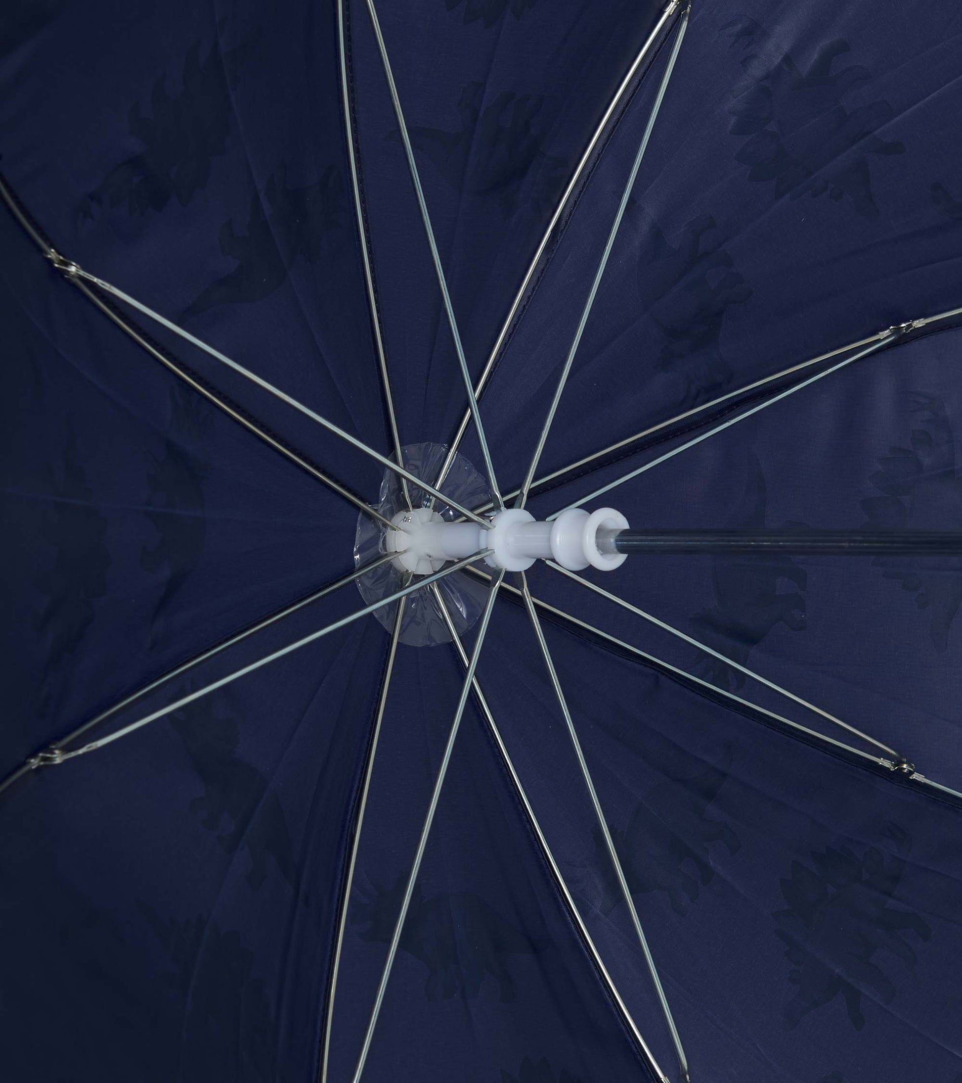 Navy umbrella featuring a dinosaur pattern, with a sturdy metal frame and white plastic handle.