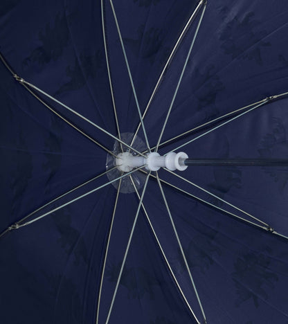Navy umbrella featuring a dinosaur pattern, with a sturdy metal frame and white plastic handle.