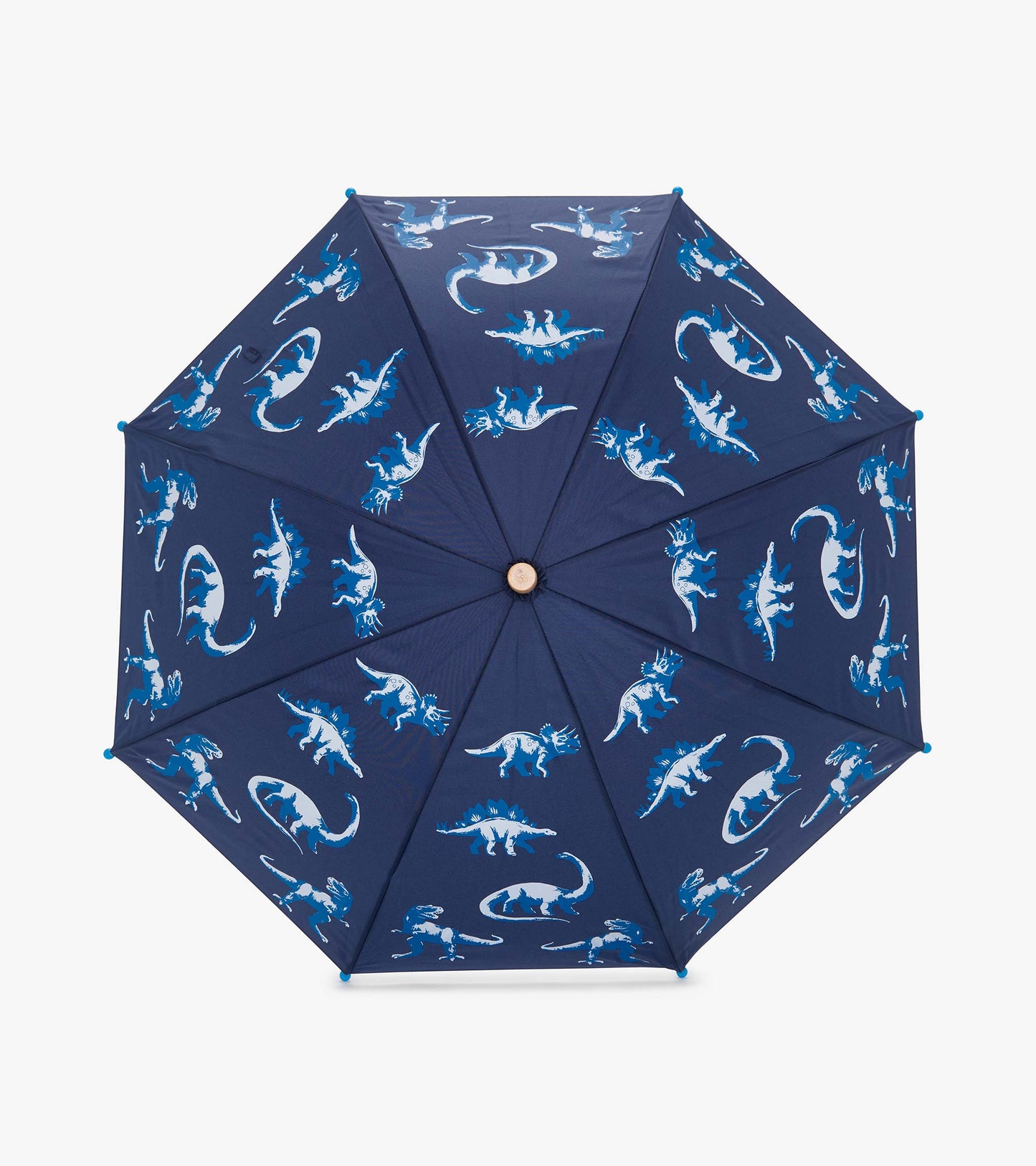 Navy umbrella featuring colorful dinosaur patterns, designed for boys, with a classic octagonal shape.