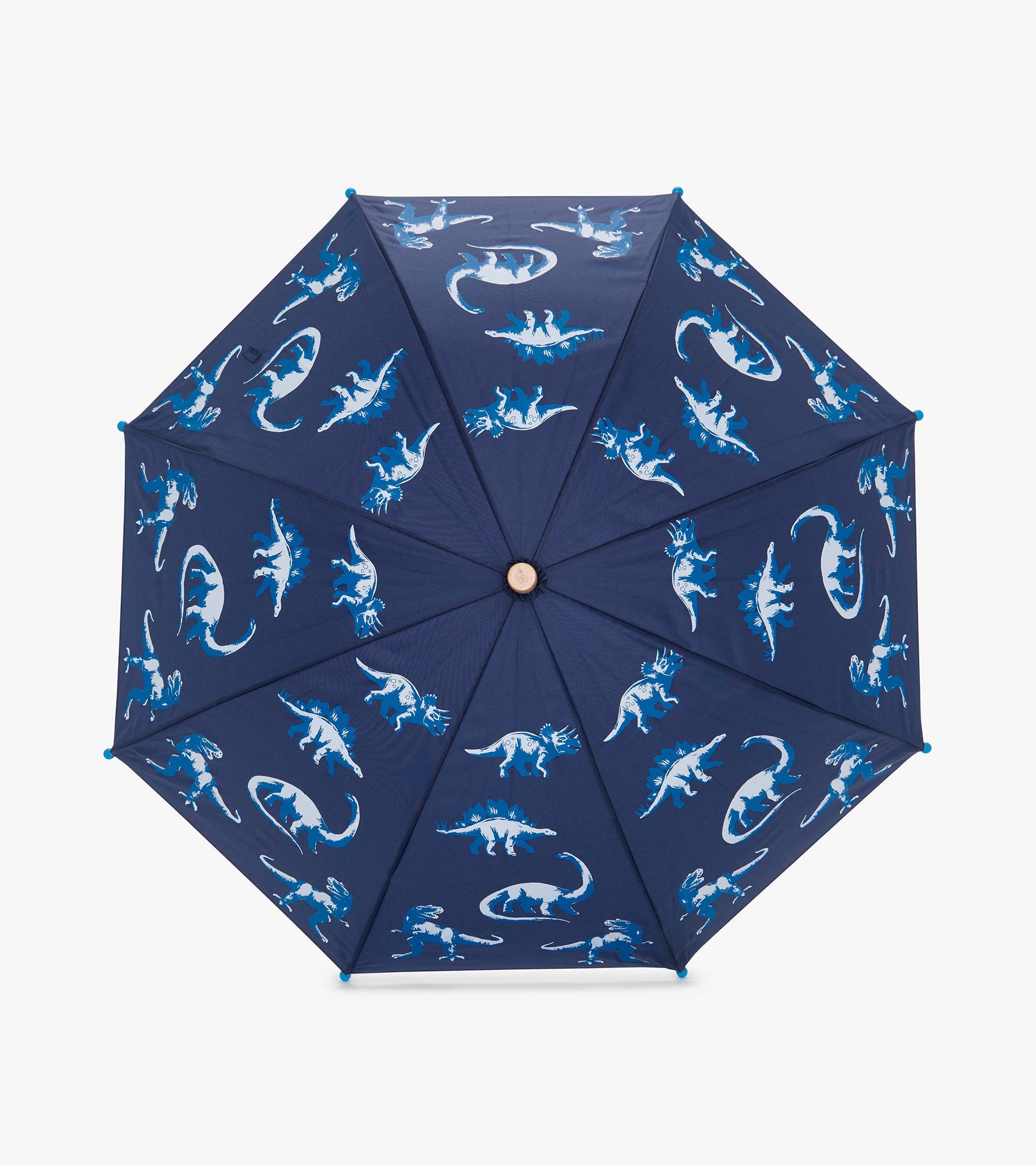 Navy umbrella featuring colorful dinosaur patterns, designed for boys, with a classic octagonal shape.