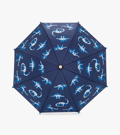 Navy umbrella featuring colorful dinosaur patterns, designed for boys, with a classic octagonal shape.