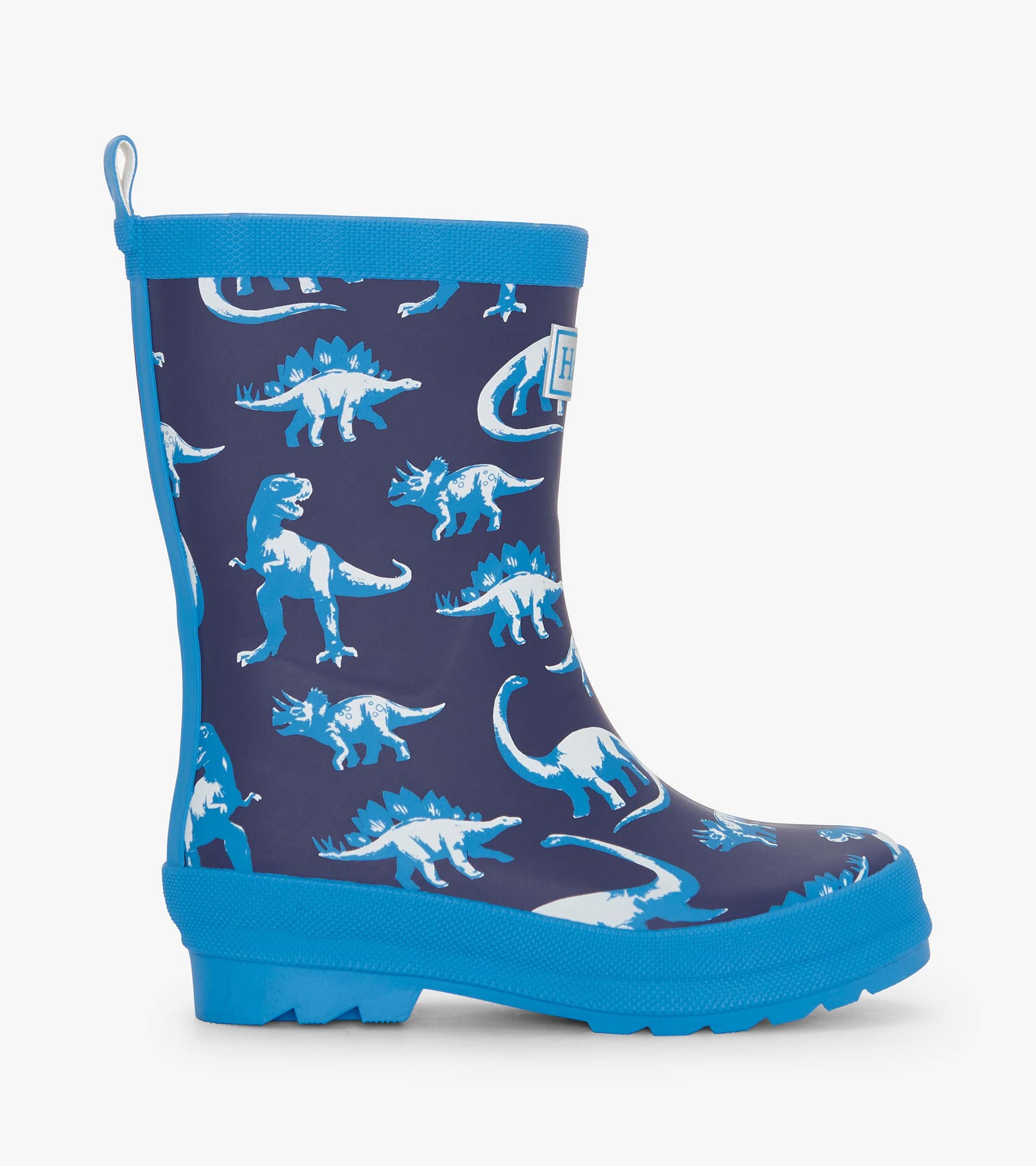 Blue matte rain boots featuring a dinosaur pattern on a dark background, designed for boys.