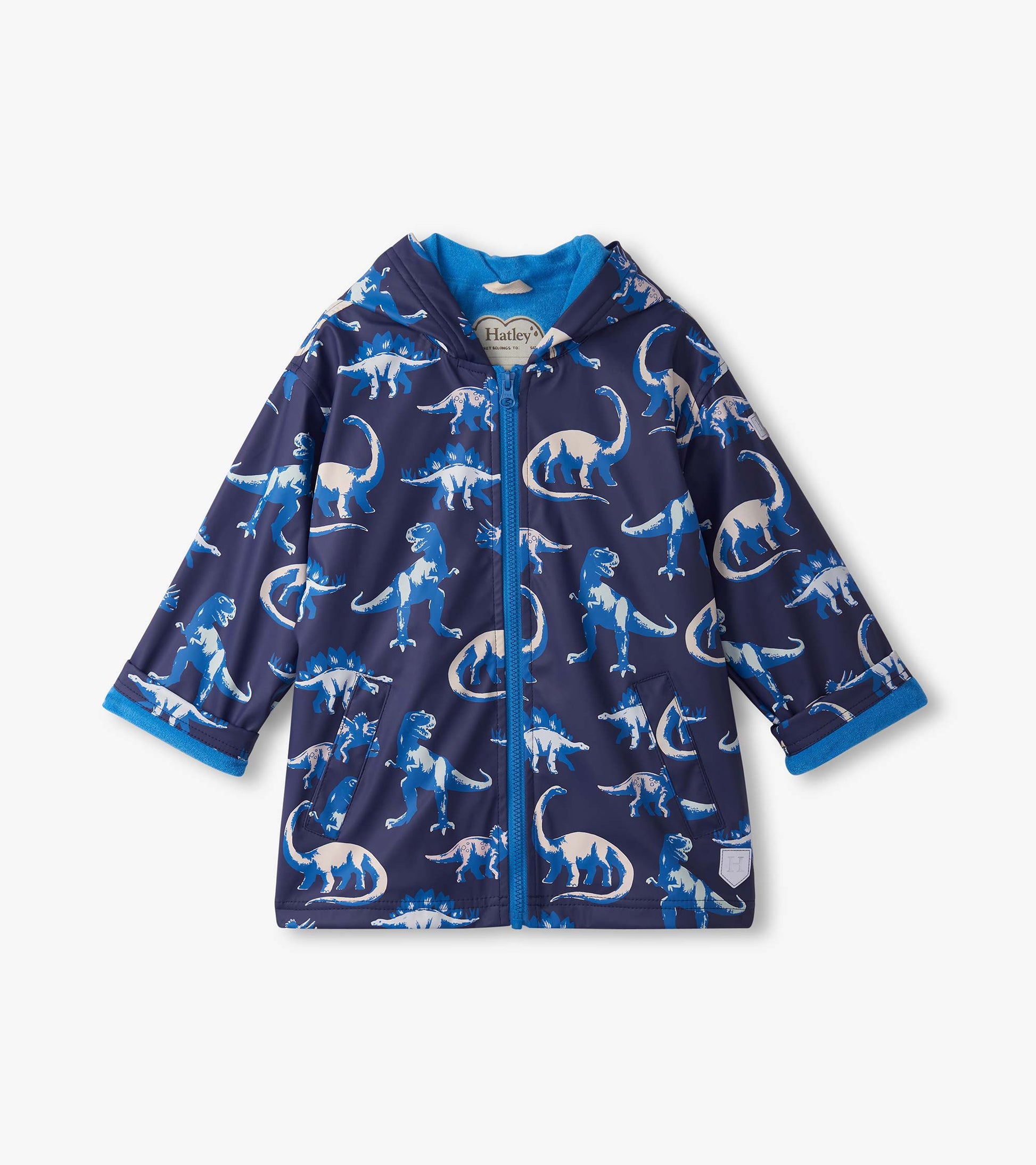 Navy zip-up rain jacket featuring colorful dinosaur prints and a blue interior, suitable for boys.