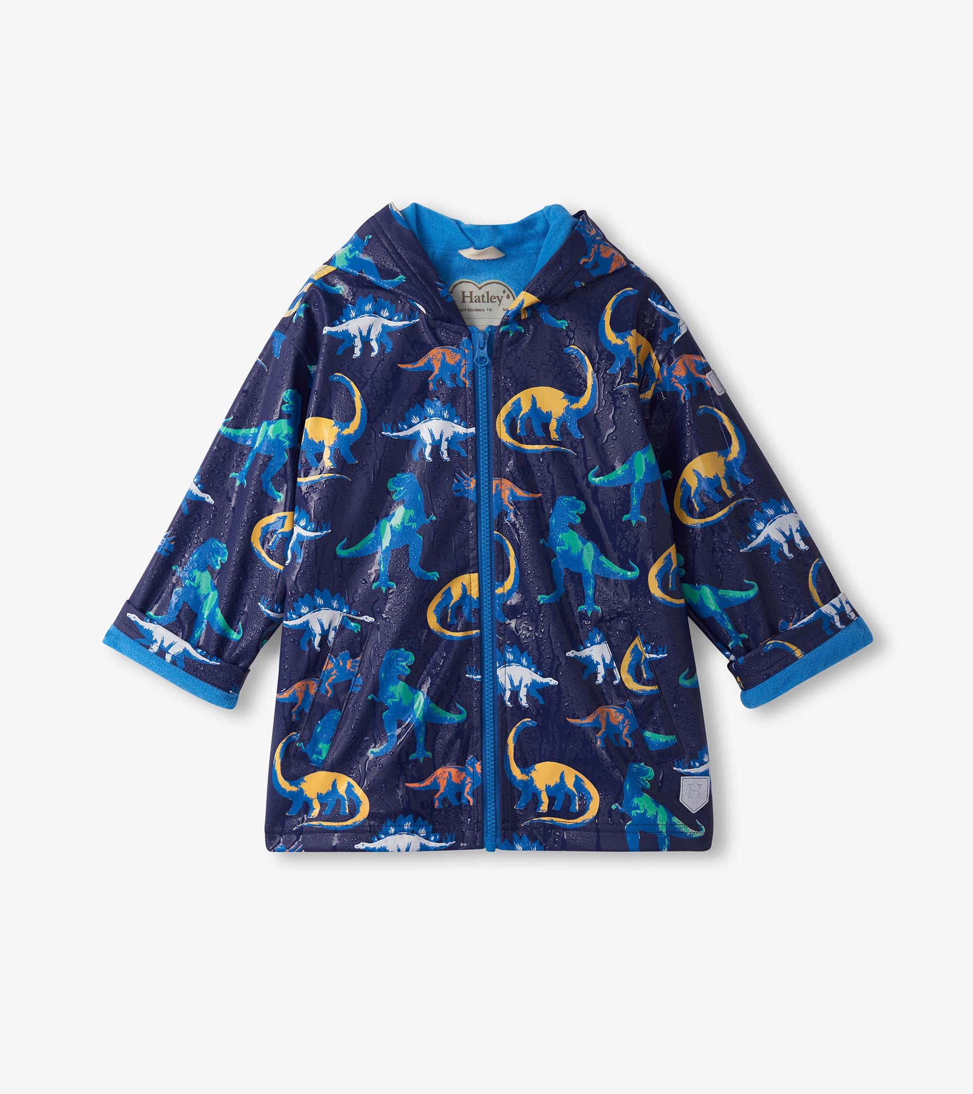 Navy zip-up rain jacket featuring colorful dinosaur prints and a blue hood, suitable for boys.
