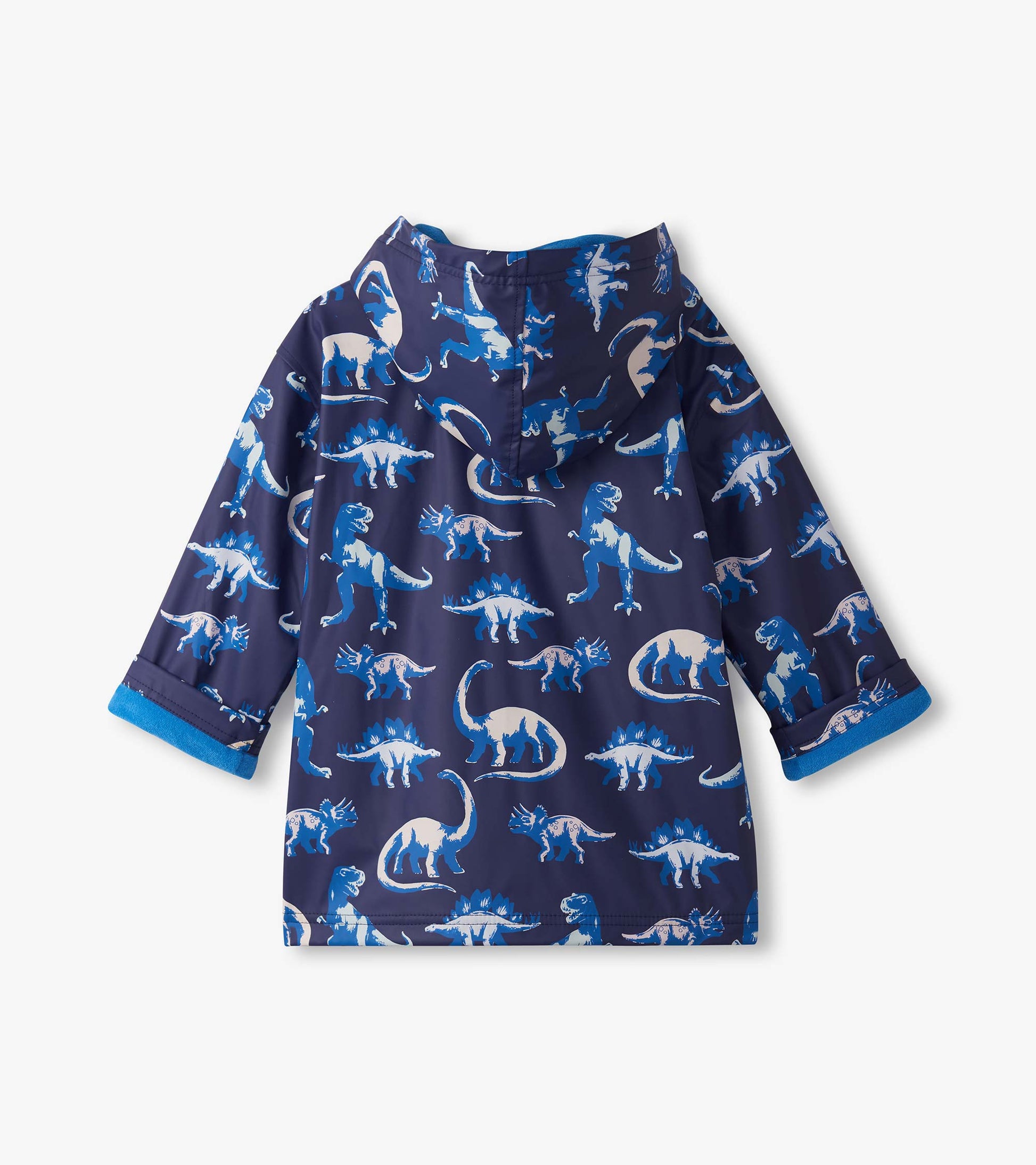 Navy zip-up rain jacket featuring colorful dinosaur prints and a hood, suitable for boys.