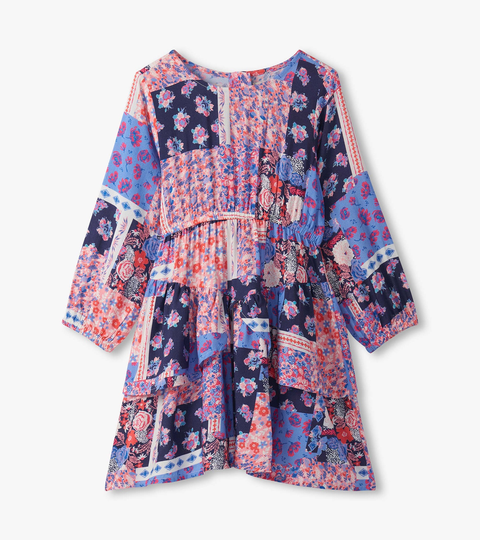Colorful patchwork floral dress with long sleeves, smocked bodice, and flounce hem, perfect for casual wear.