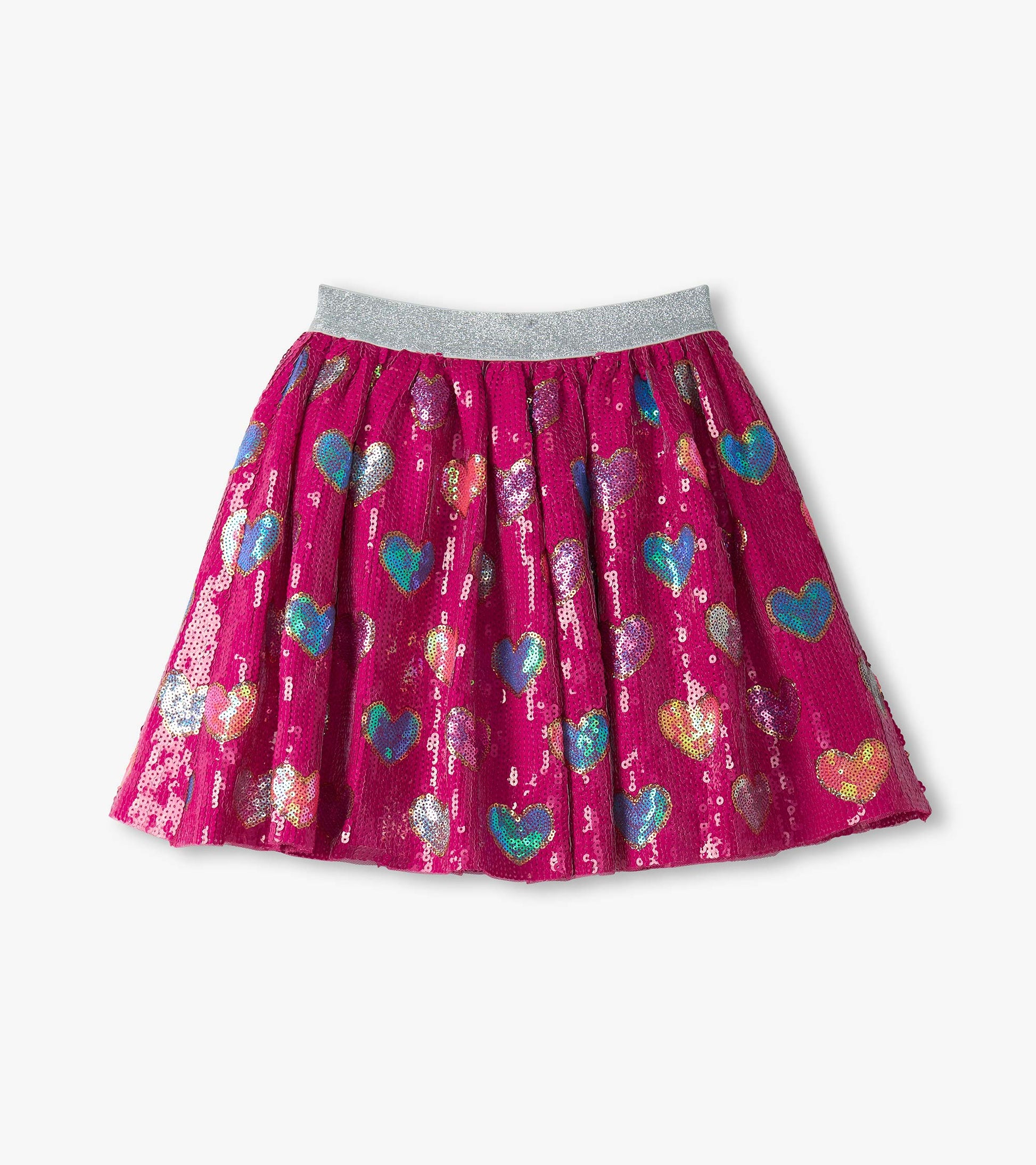 Pink sequin skirt featuring colorful heart patterns and a gray elastic waistband, designed for girls.