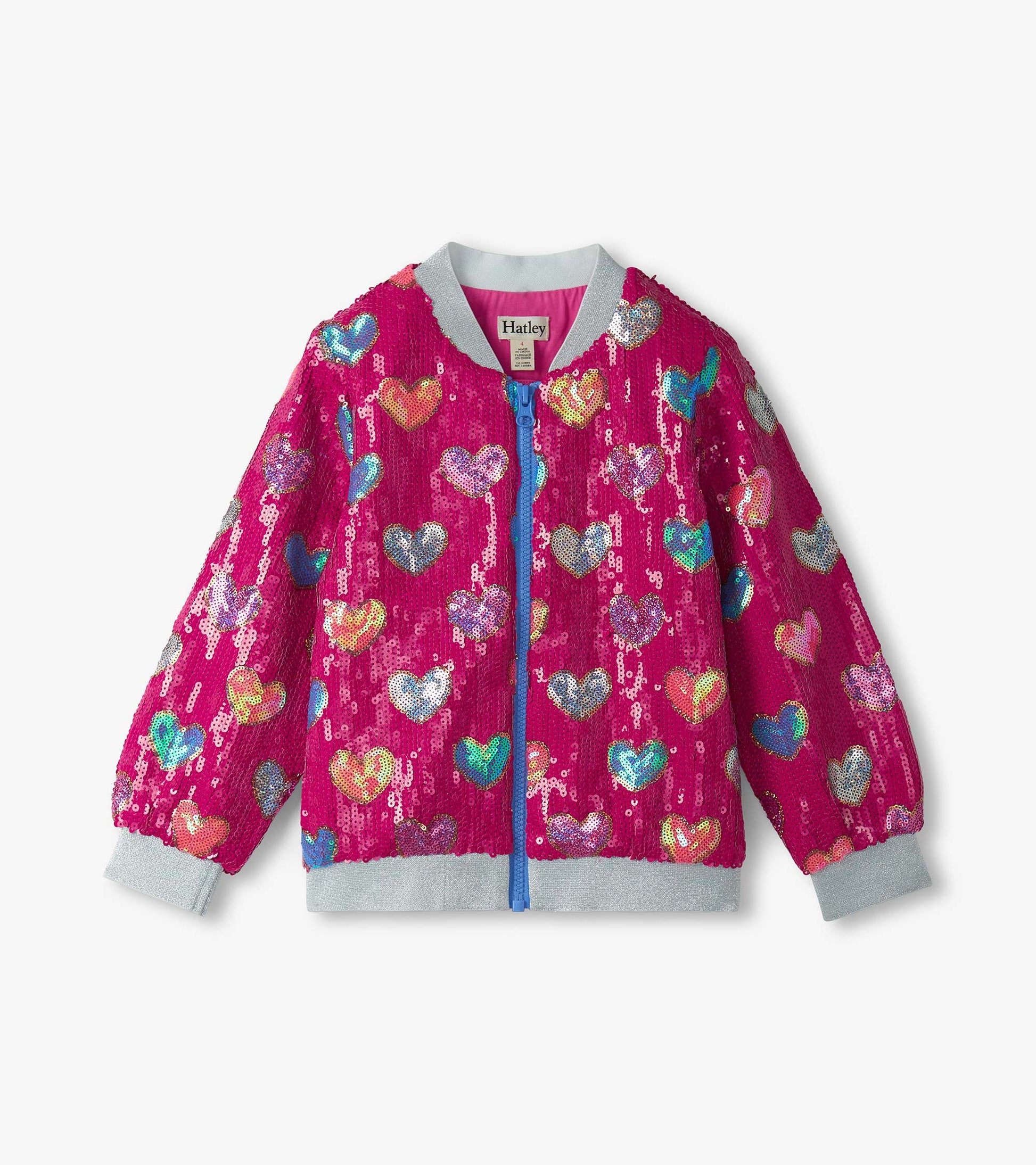 Pink bomber jacket with multicolored sequin heart patterns and gray ribbed cuffs and collar. Front zip closure.