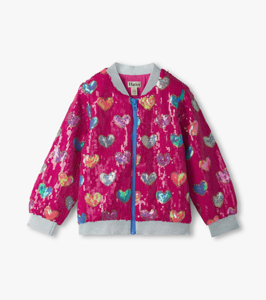 Girls Pink Busted Hearts Sequin Bomber Jacket