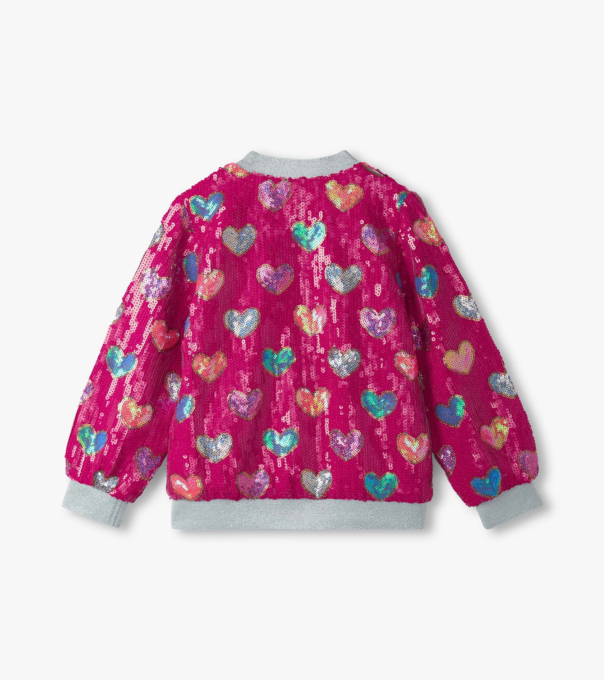 Pink bomber jacket with colorful sequin hearts, featuring a gray ribbed collar and cuffs. Back view shown.
