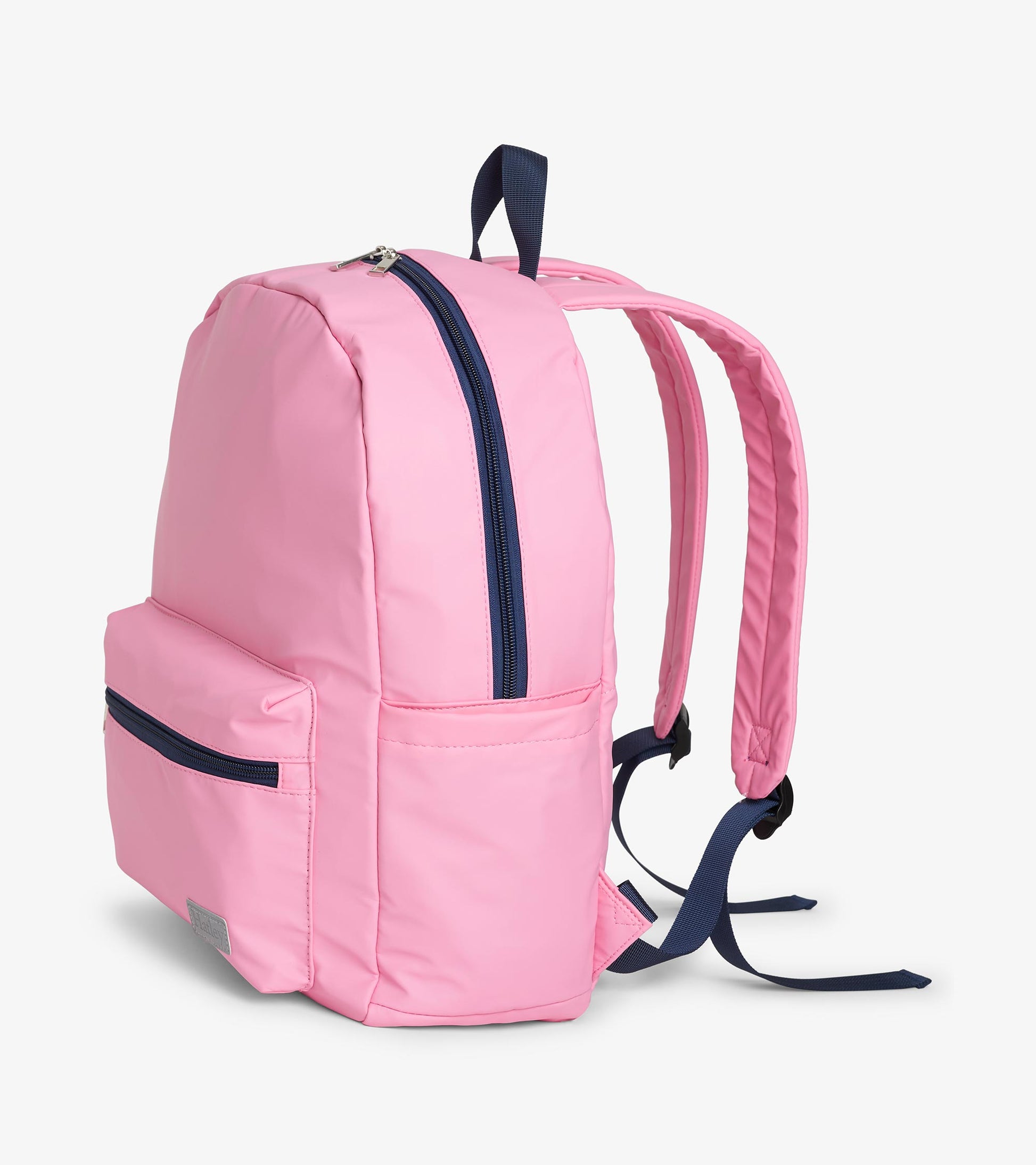 Side angle of pink backpack with navy top zipper, front pocket, and adjustable shoulder straps