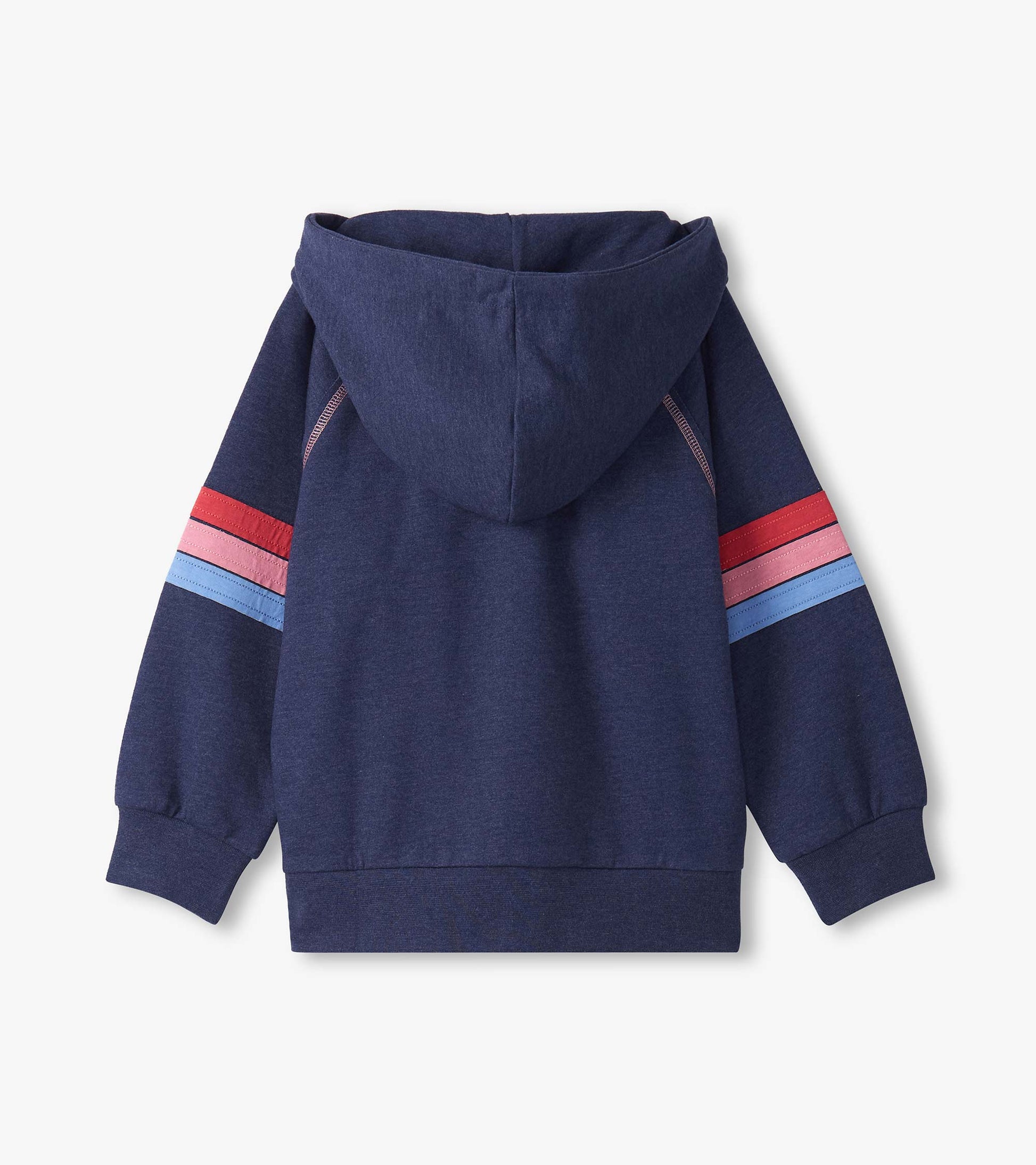 Navy blue zip-up hoodie with a hood, featuring red and light blue stripes on the sleeves.