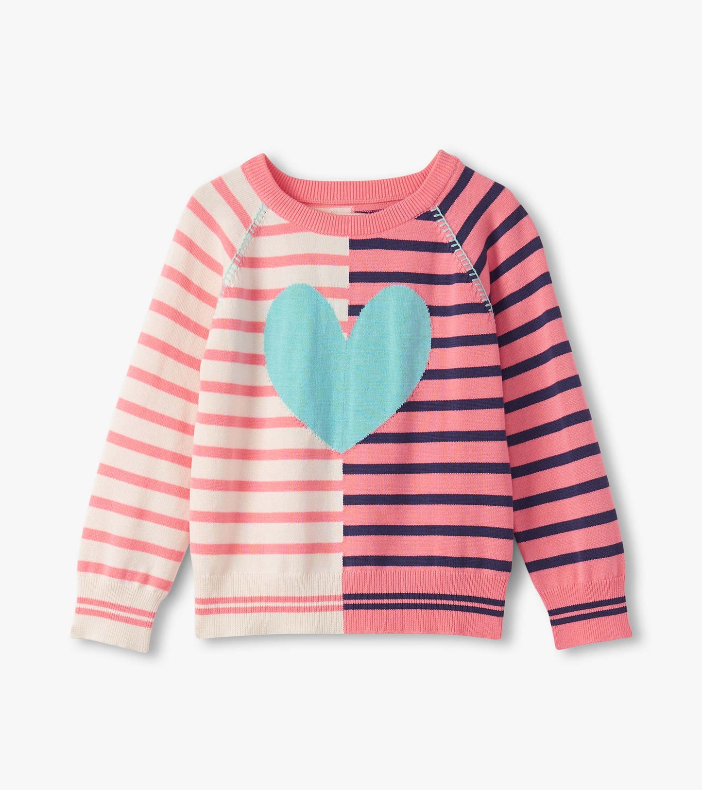 Colorful striped sweater featuring a large blue heart design, with long sleeves and a crew neckline.