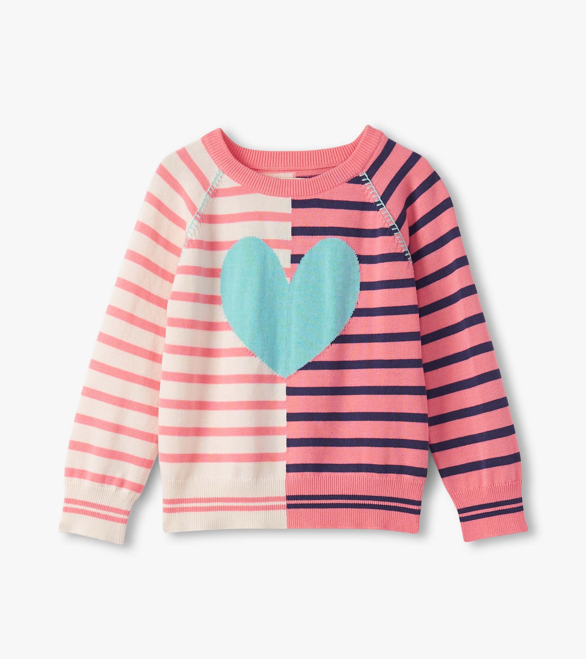 Colorful striped sweater featuring a large blue heart design, with long sleeves and a crew neckline.