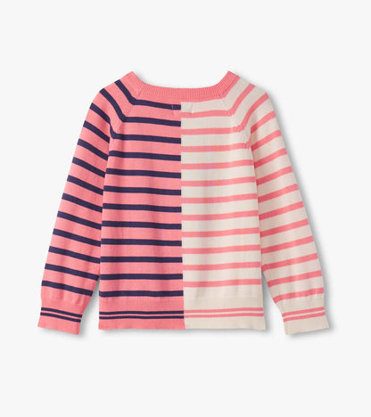 Pink and cream striped sweater with long sleeves and a round neckline, featuring a mix of wide and narrow stripes.