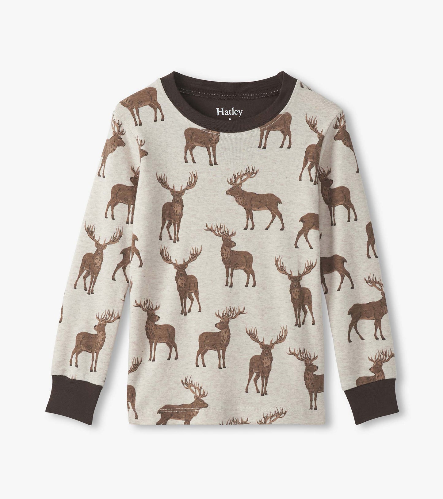 Light gray cotton pajama top featuring a brown stag print and a dark brown crew neckline.