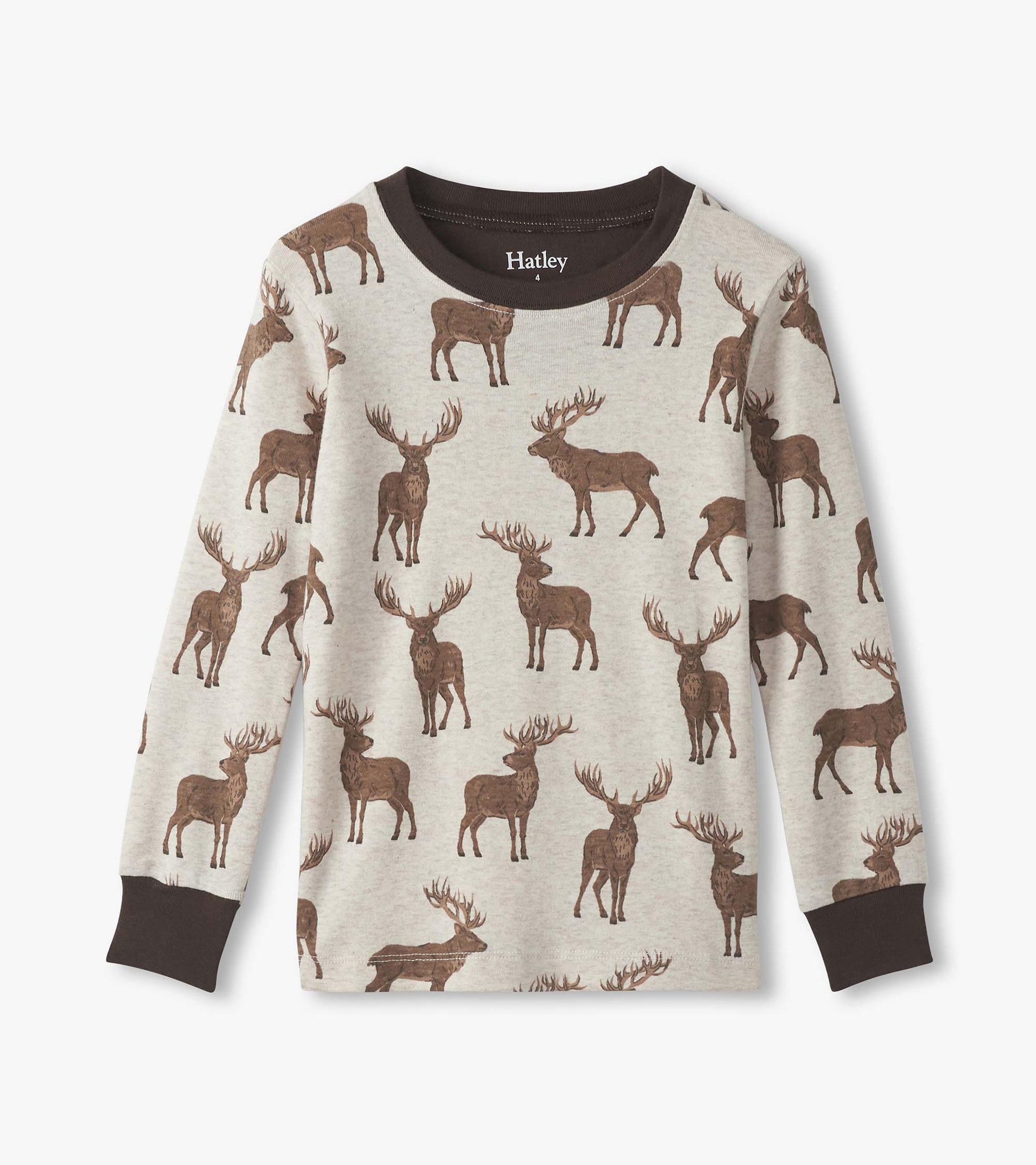 Light gray cotton pajama top featuring a brown stag print and a dark brown crew neckline.