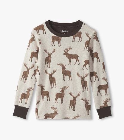 Light gray cotton pajama top featuring a brown stag print and a dark brown crew neckline.