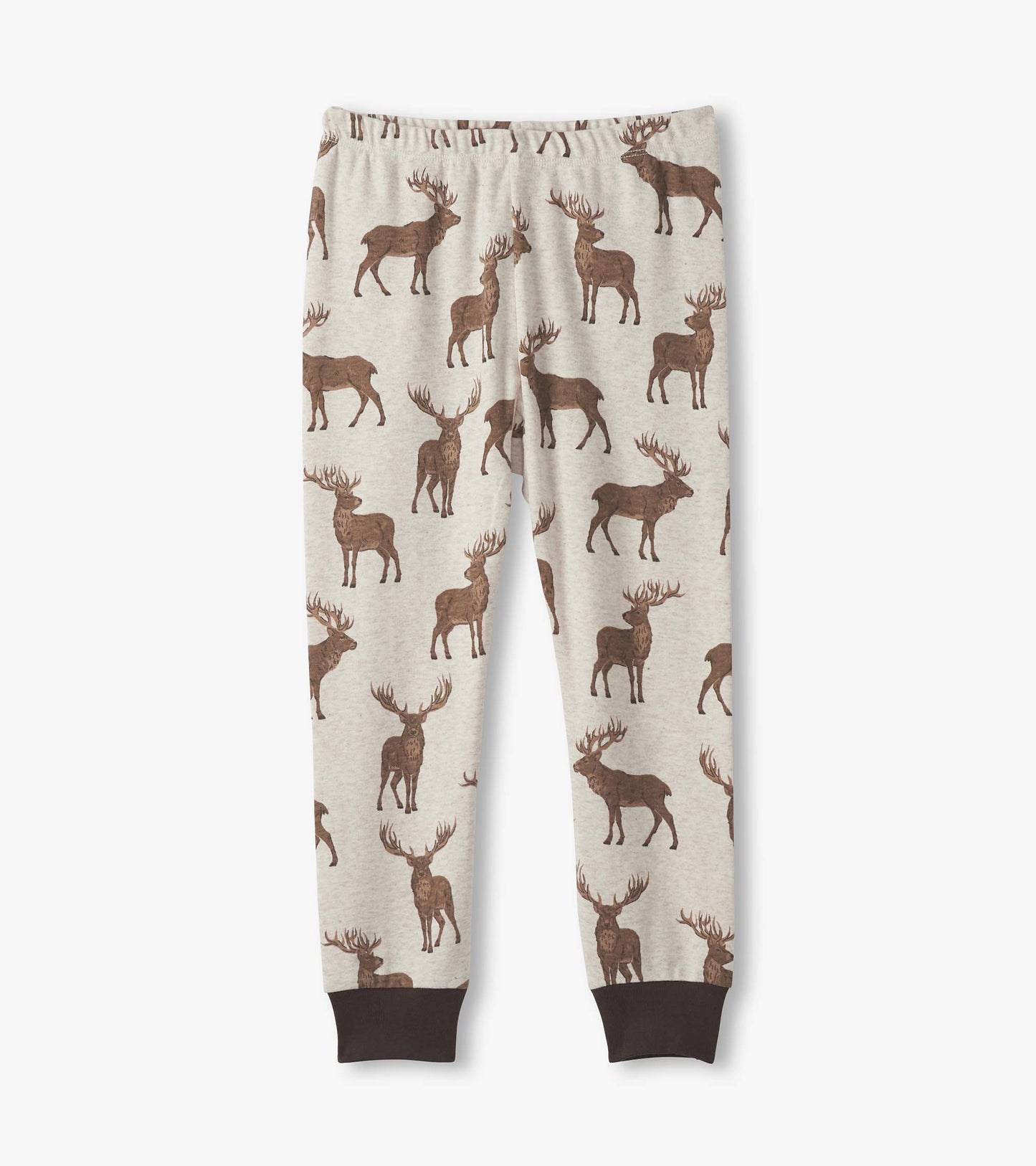 Beige cotton pajama pants featuring a brown stag pattern and black cuffs, designed for boys.