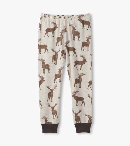 Beige cotton pajama pants featuring a brown stag pattern and black cuffs, designed for boys.