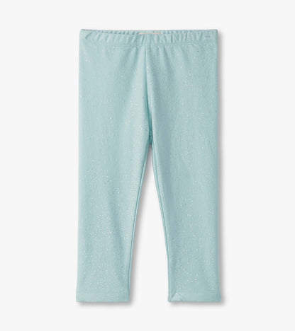Pastel turquoise leggings with a soft, cozy fabric and subtle glitter pattern, suitable for baby and toddler girls.